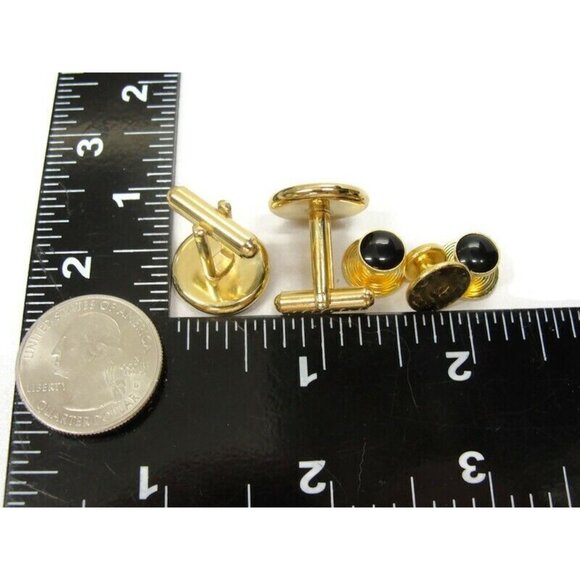 Cufflink Set Matching Black Shirt Buttons Gold Tone Formal Wedding Tux Vintage - Picture 6 of 7